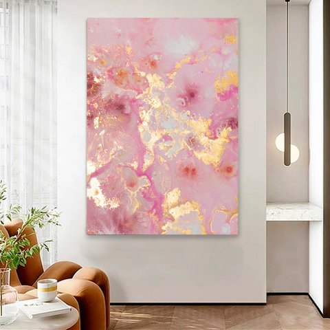 Quadro Decorativo em Canvas Abstrato Mármore Rose Gold TaColado Moldura Flutuante 4,5cm Freijó 90 x 