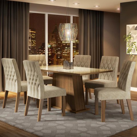 Conjunto Sala de Jantar Madesa Rafaela Mesa Tampo de Vidro com 6 Cadeiras - Rustic/crema/imperial