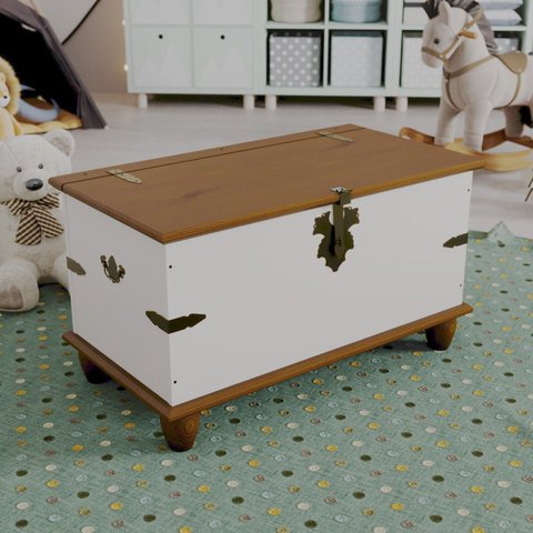 Baú para Quarto Infantil com Tampo e Base em Madeira Maciça Joy Branco/Off White/Nogueira