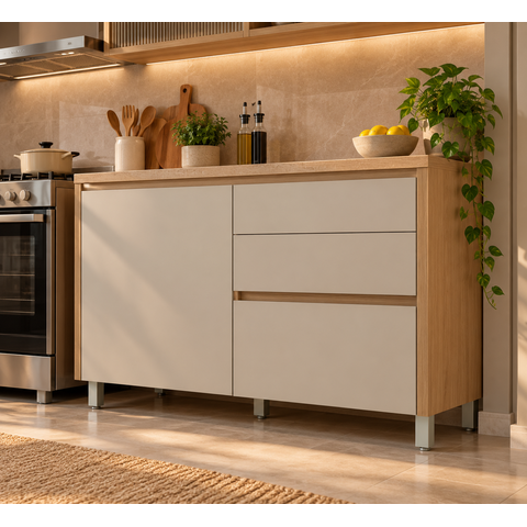 Balcão Condessa 1 Porta 3 Gavetas 120cm em Mdf Cozinhas Nesher