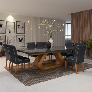 Sala de Jantar 220x100 Lottus Mdf/vidro Grafite 8 Cadeiras Bom Pastor Cinza