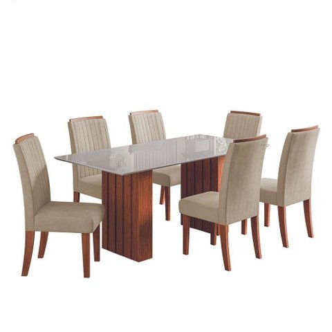 Conjunto de Mesa Sala de Jantar Ripada Tampo com Vidro Santiago 1,80m 6 Cadeiras Grécia Dobuê