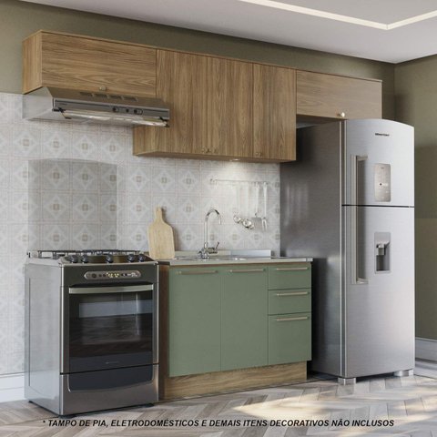 Armário de Cozinha Modulada Completa Reta 4 Peças 2,80m Botanic Kappesberg - Nogueira/Verde Oliva