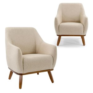 Kit 2 Poltronas Decorativas Em Linho Bege Base De Madeira Berenice - Larbelle