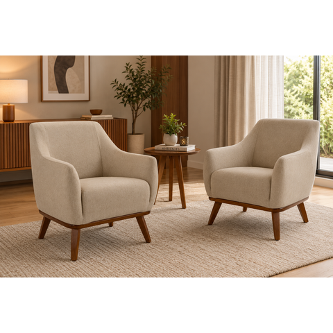 Kit 2 Poltronas Decorativas Em Linho Bege Base De Madeira Berenice - Larbelle
