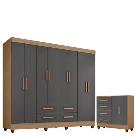 Guarda Roupa Casal Porto Com cômoda Lite 4 Gavetas 2 Portas Nature Cinza – Móveis Leão