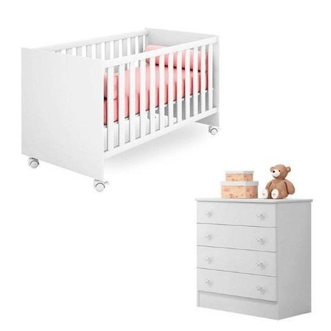 Berço Mini Cama e Cômoda Infantil Doce Sonho Branca Brilho - Qmovi