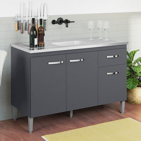 Balcão Gabinete com Pia Inox 120cm 3 Portas e 1 Gaveta Gabriela Cinza - AJL Móveis