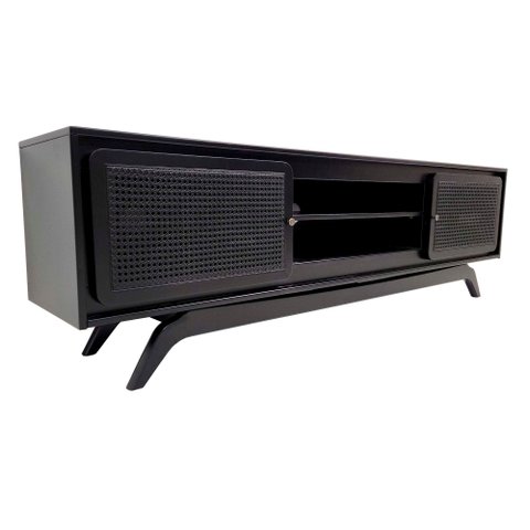 Rack Sala Tv até 75 Polegadas Ricco 180 Cm Laca Portas Palhinha Preto