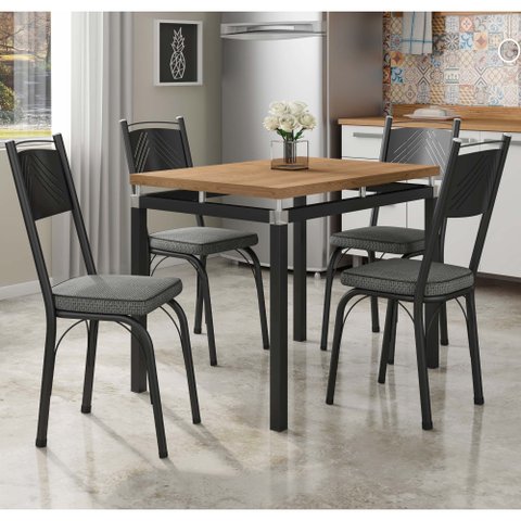 Conjunto Mesa de Jantar Tubular com 4 Cadeiras Malva Tampo Bp 91x68cm 151 Preto Fosco Assento Platin