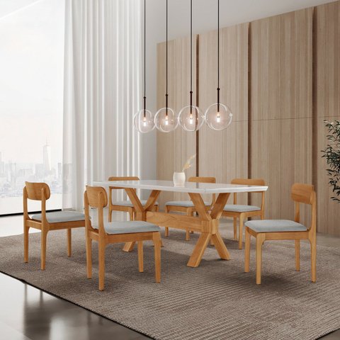 Conjunto de Mesa Jantar Bellini Tampo 180cm Laqueado Canto Moeda 6 Cadeiras Off White Quartzo/Imbuia Natural/Cinamomo Imbuia/Laquea Marrom