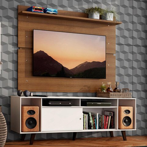 Rack Madesa Cancun com Pés e Painel para Tv até 65 Polegadas - Branco/rustic 095z