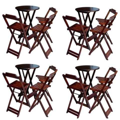 Kit 4 Jogos De Mesa Bistrô De Madeira Dobrável Com 3 Banquetas - Imbuia