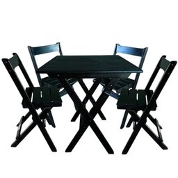 Conjunto Mesa Dobrável 70x70 com 4 Cadeiras em Madeira Maciça - Preto - 1 Conjunto Mesa Dobrável 70x70 com 4 Cadeiras em Madeira Maciça - Preto - 1
