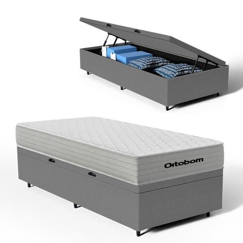 Cama Box Baú com Colchão de Molas Ensacadas Ortobom One Face Plenno Superpocket Solteiro 88cm