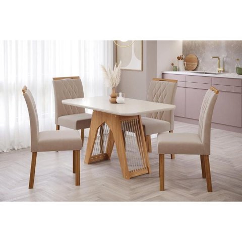 Conjunto: Mesa de Cozinha Carol Tampo Madeirado C/ Vidro 130x80cm e 4 Cadeiras Juliana Nature-