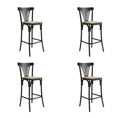 Kit 4 Banquetas Altas Paris em Aço Preto para Cozinha e Bancada Gourmet com Assento Corano - Bege