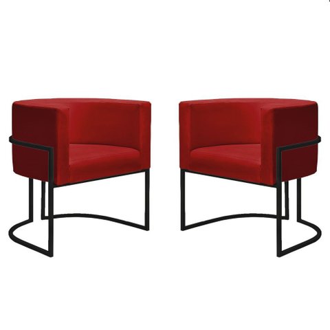 Kit 2 Poltronas Reforçada Decorativa Sala Nayara Base Ferro Preto Suede Vermelho