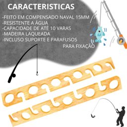 Suporte Parede Madeira Rack Organizador 10 Varas de Pesca - 3