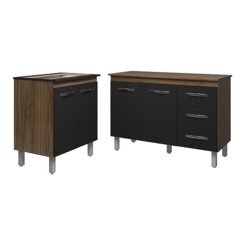 Balcão para Cooktop 5 Bocas Fran e Armário Bruna 118 Cm Cozinha Gabinete Savana Preto com Tampo Tamp
