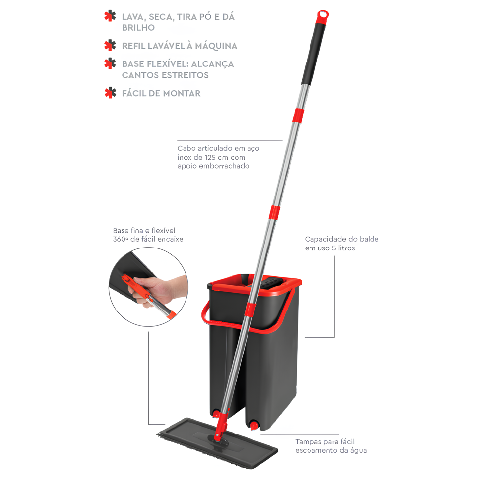 Mop Lava e Seca em Inox com Balde Duplo e Esfregão Cabo 1,25m - 2
