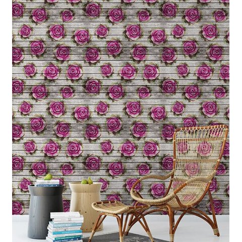 Papel De Parede Efeito Madeira Com Flores Cinza E Tons De Rosa Para Quarto Sala