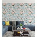 Ver imagem 3 de Papel De Parede Para Sala Quarto Com Fundo Azul E Flores Na Cor Rosa Claro Com Detalhes Em Verde