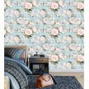 Ver imagem 4 de Papel De Parede Para Sala Quarto Com Fundo Azul E Flores Na Cor Rosa Claro Com Detalhes Em Verde