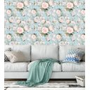 Ver imagem 2 de Papel De Parede Para Sala Quarto Com Fundo Azul E Flores Na Cor Rosa Claro Com Detalhes Em Verde