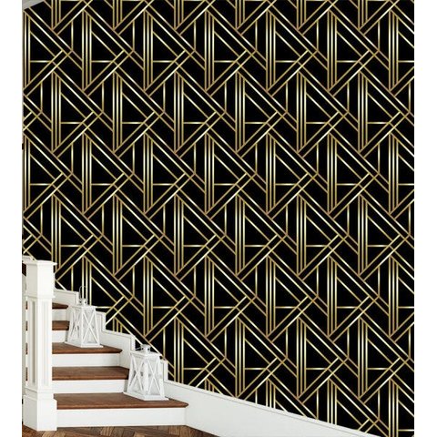 Papel De Parede Para Quarto Sala Preto Com Detalhes Bege Simulando Dourado