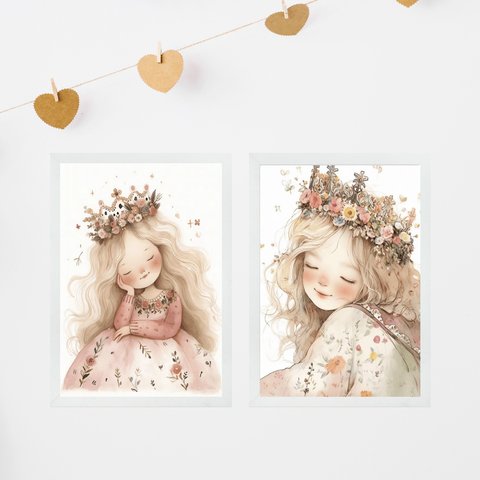 Kit 2 Quadros Infantis Menina Princesa 24x18cm - com Vidro:moldura Branca