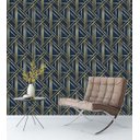 Ver imagem 2 de Papel De Parede Para Quarto Sala Azul Escuro Com Detalhes Bege Simulando Dourado