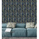 Ver imagem 1 de Papel De Parede Para Quarto Sala Azul Escuro Com Detalhes Bege Simulando Dourado