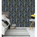 Ver imagem 3 de Papel De Parede Para Quarto Sala Azul Escuro Com Detalhes Bege Simulando Dourado