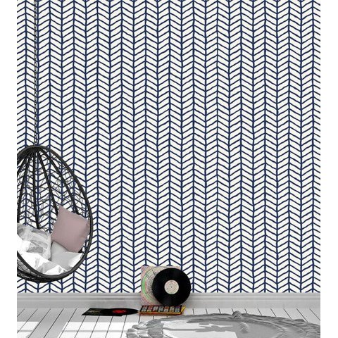 Papel De Parede Para Quarto Sala Modelo Campestre Cinza Com Detalhes Azul