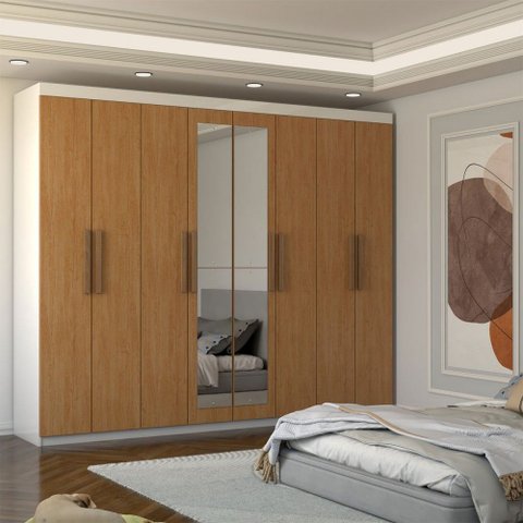 Guarda-roupa Casal Nirvana Plus 8 Portas 4 gavetas com Espelho Branco/cinamomo - Panorama Móveis