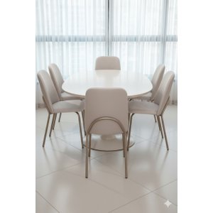Kit 6 Cadeiras de Jantar em Linho e Courino Off White