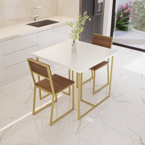 Conjunto Mesa de Jantar Quadrada Branca 2 Cadeiras Imbuia Riviera Industrial Dourado Don Castro Deco