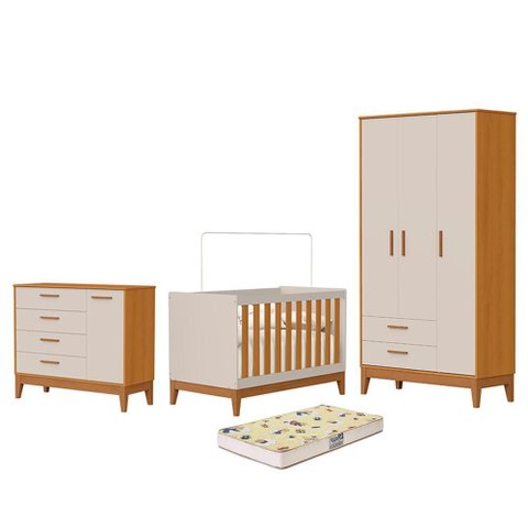 Dormitório Infantil Flip Guarda Roupa 3 Portas, Cômoda 1 Porta e Berço Areia Fosco/savana com