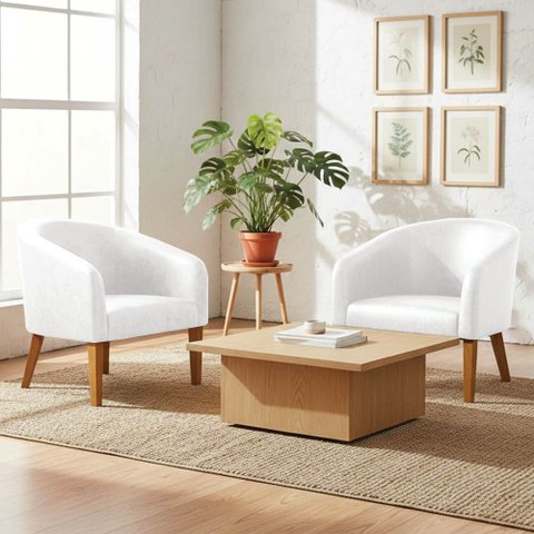 Poltrona Sala Decorativa Kit 2 Stella Pé Madeira Trapézio Castanho Sintético Pu Branco D03 - D’Rossi