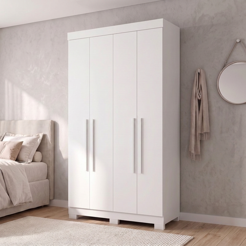 Guarda-Roupa Solteiro 4 Portas, 2 Gavetas e Pés Noronha Branco