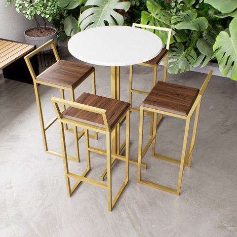 Jogo Mesa Alta Bistrô Redonda Branca 4 Banquetas Imbuia Confort Industrial Dourado Don Castro Decor 