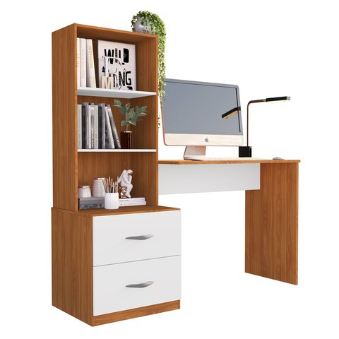 Escrivaninha com 2 Prateleiras e 2 Gavetas Compacto Ônix - Cinamomo/branco