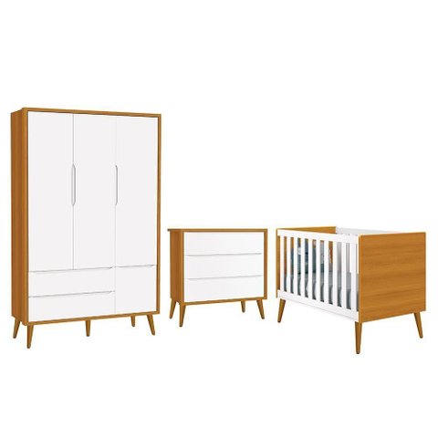 Dormitório Infantil Theo Retrô 3 Portas Cômoda e Berço Branco Savana com Pés Amadeirado Reller