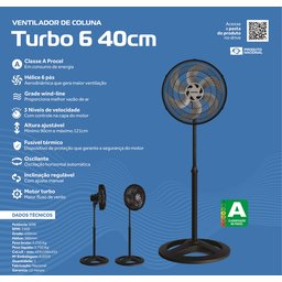 Ventilador Ventisol Oscilante Coluna Turbo 6P 40cm Vermelho Premium 127V - 10