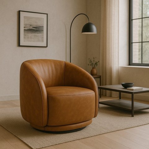 Poltrona Eva 87cm Giratoria Elegante Corino Caramelo Premiun para Sala Luxo