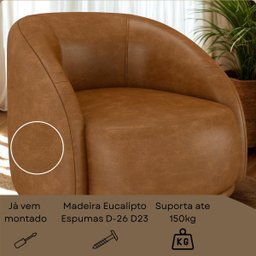 Poltrona Eva 87cm Giratoria Elegante Corino Caramelo Premiun para Sala Luxo - 5