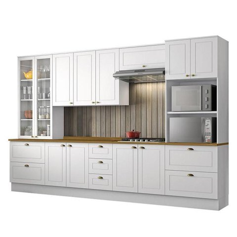 Cozinha Completa 6 Peças Americana Branco com Cristaleira Tampo Nature - Móveis Henn Branco