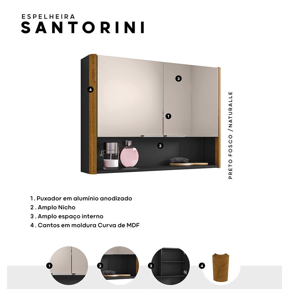 Espelheira Santorini para Banheiro com 2 Portas e Nicho Preto Fosco/naturale - 3