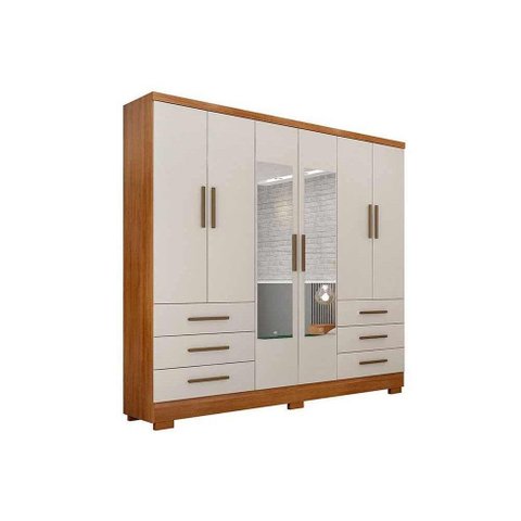Guarda Roupa Solteiro 6 Portas e 6 Gavetas C/espelho e Pés Encant Freijo Cumaru C/ Fendi - Novo